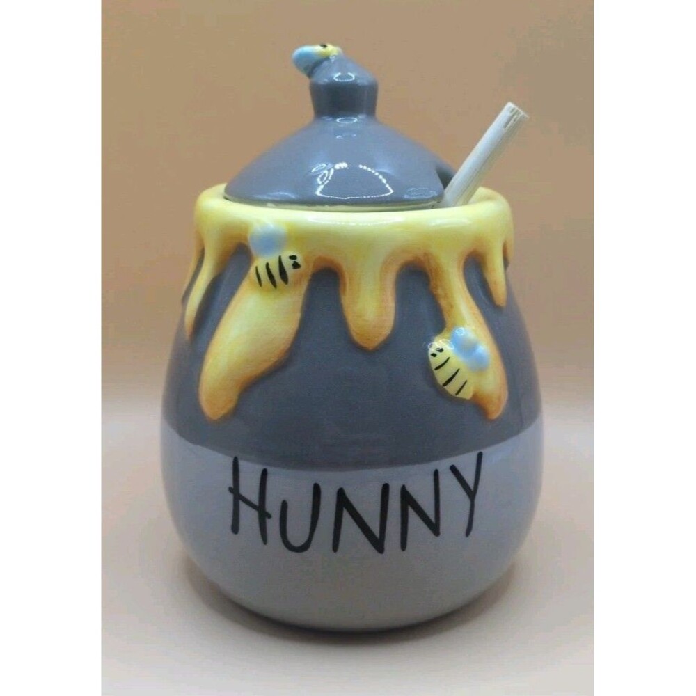 Disney Winnie the Pooh "Hunny" Honey Pot Jar Canister w/ Bees New Wood Dipper